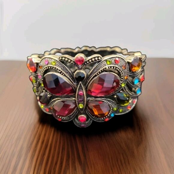 Statement Jewel Encrusted Butterfly Bracelet Bangle Brass Tone 2 Inch Wide 7.5" - Picture 1 of 4